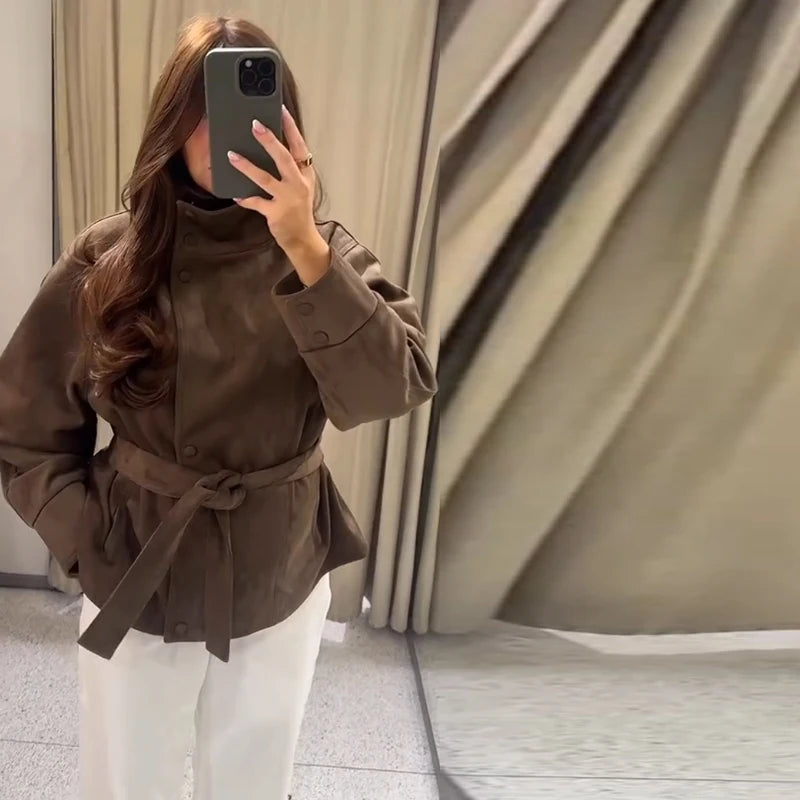 Women's Brown Jacket with Tie Waist