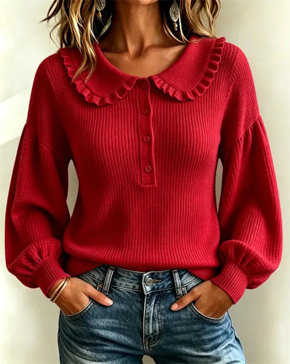 Women's Ribbed Top with Ruffled Collar