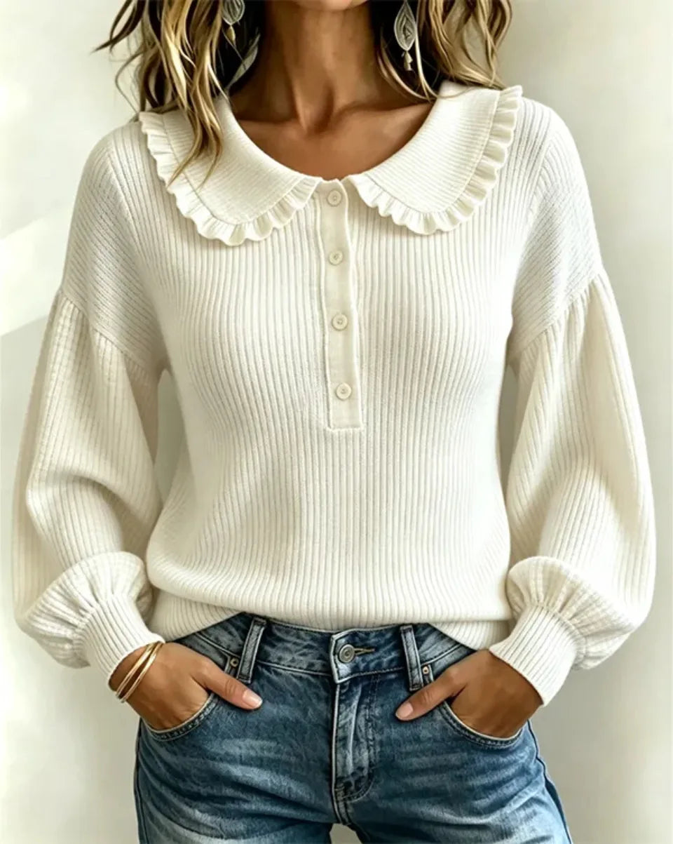 Women's Ribbed Top with Ruffled Collar