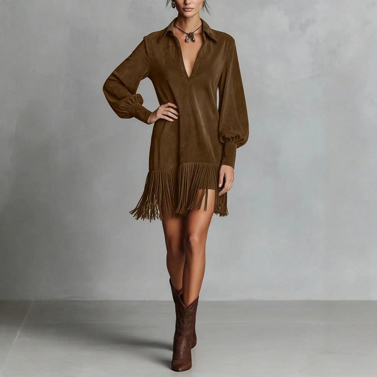Women's Fringe Dress in Faux Suede