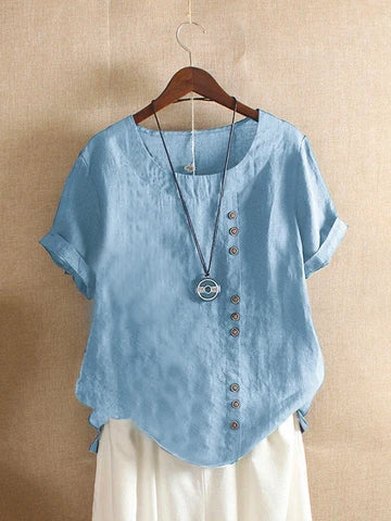 Women's Round Neck Short Sleeve Top with Button Detail
