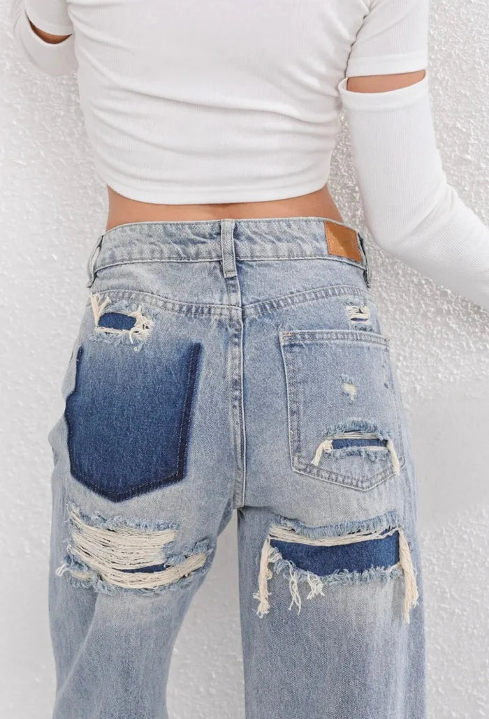 Women's Vintage Distressed Wide Leg Jeans with Ripped Detail