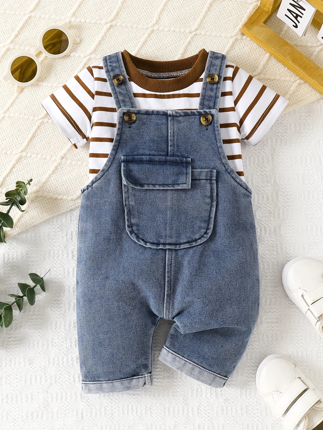 Baby Boys Denim Overalls Set – Striped T Shirt & Bib Pants