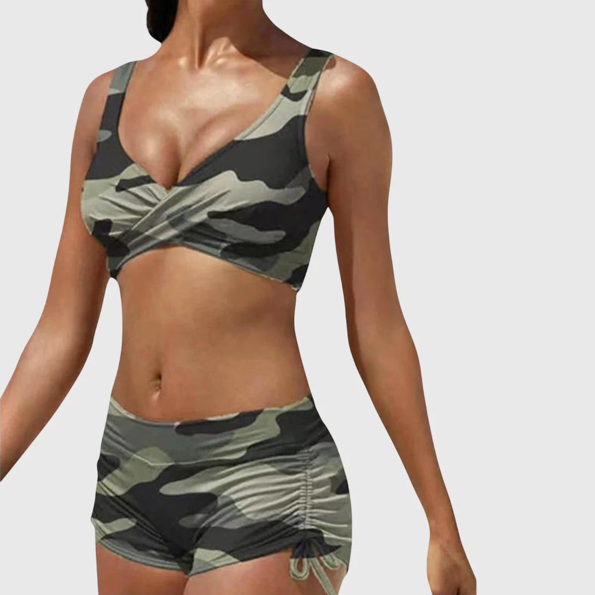 Camouflage Print Two Piece Bikini Set with Ruched Bottoms