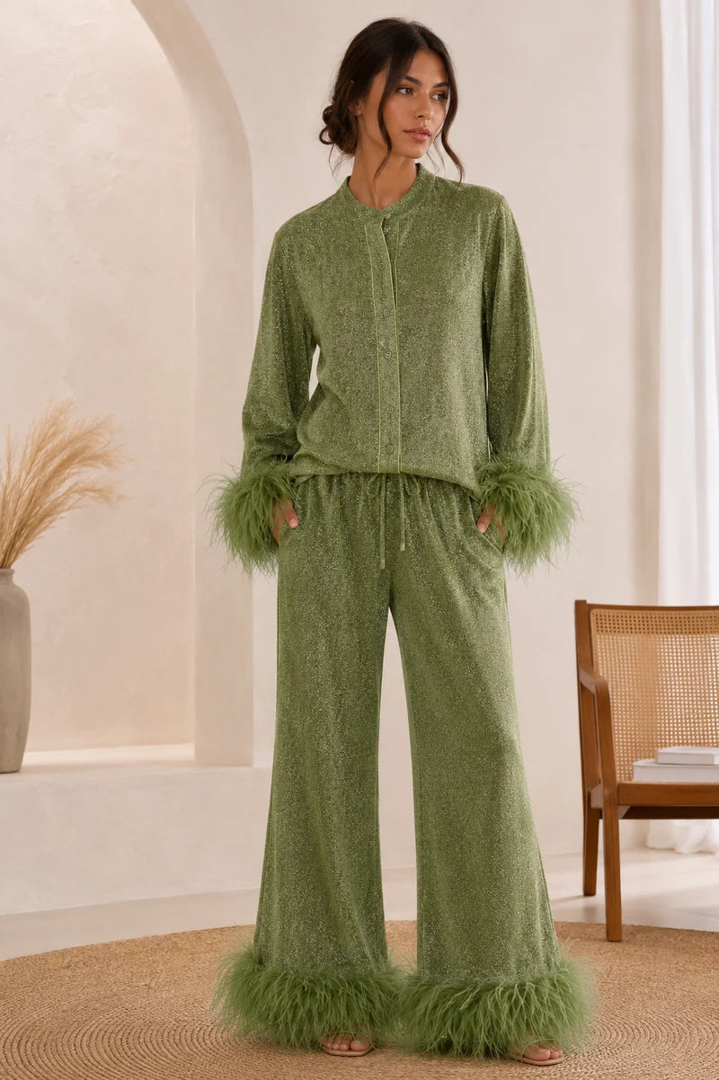Women's Button Front Top and Wide eg Pants Set with Feather Trim Cuffs