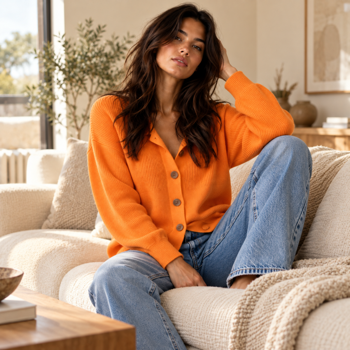 Women's V Neck Cardigan with Collared Neckline