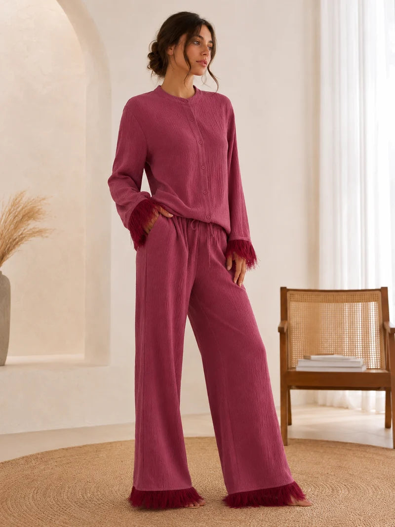 Women's Button Front Top and Wide eg Pants Set with Feather Trim Cuffs