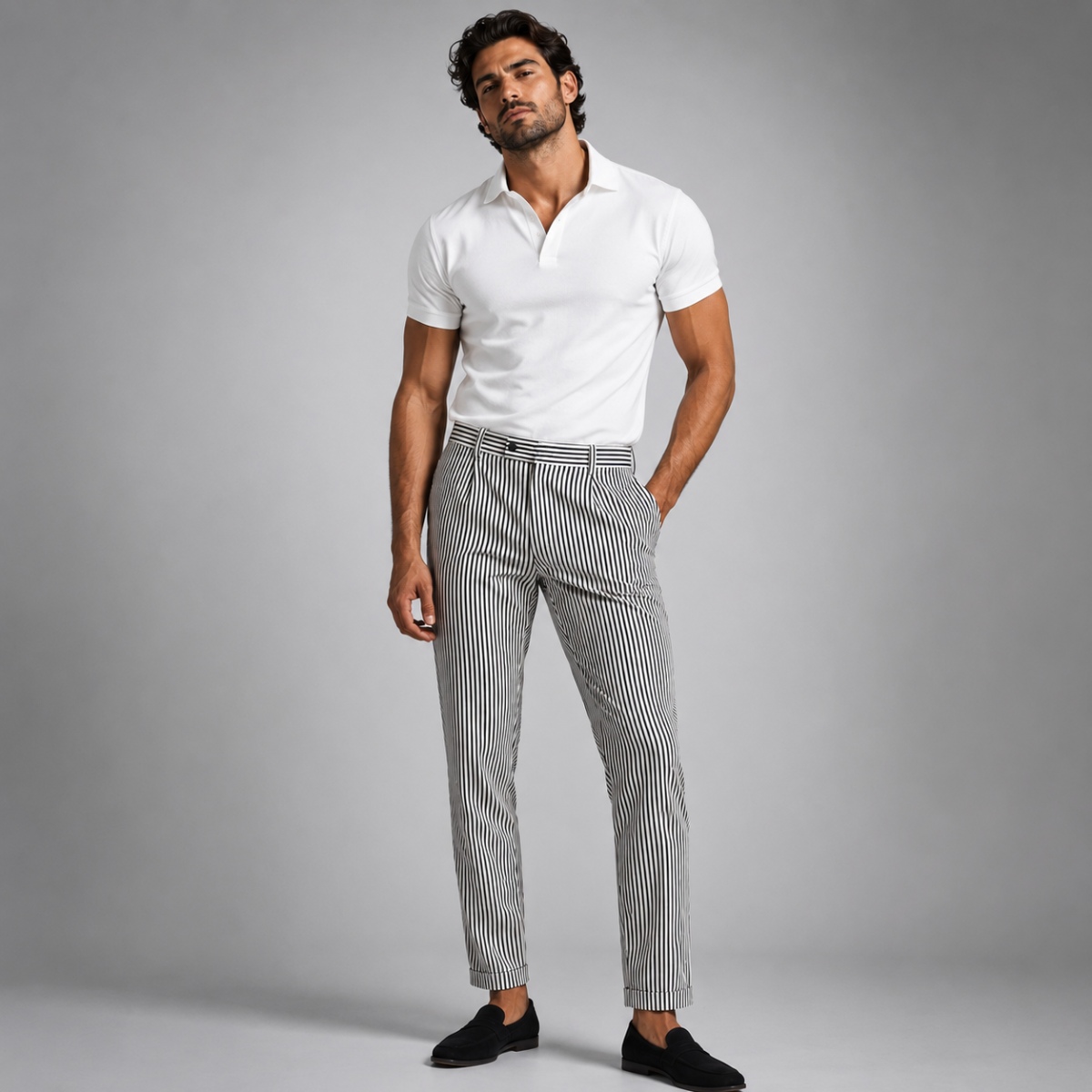 The Georgetown Men’s Striped Straight Leg Smart Casual Dress Pants - Black
