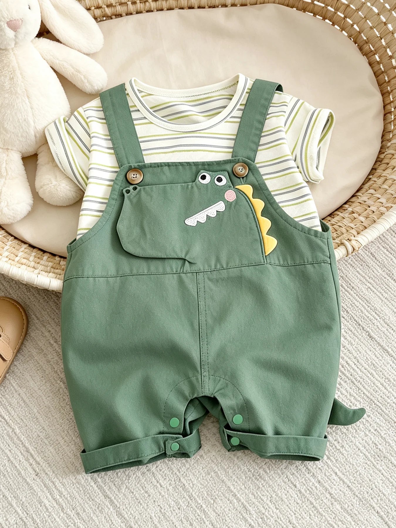 Baby Boys Dinosaur Overalls Set – Striped T Shirt & Romper
