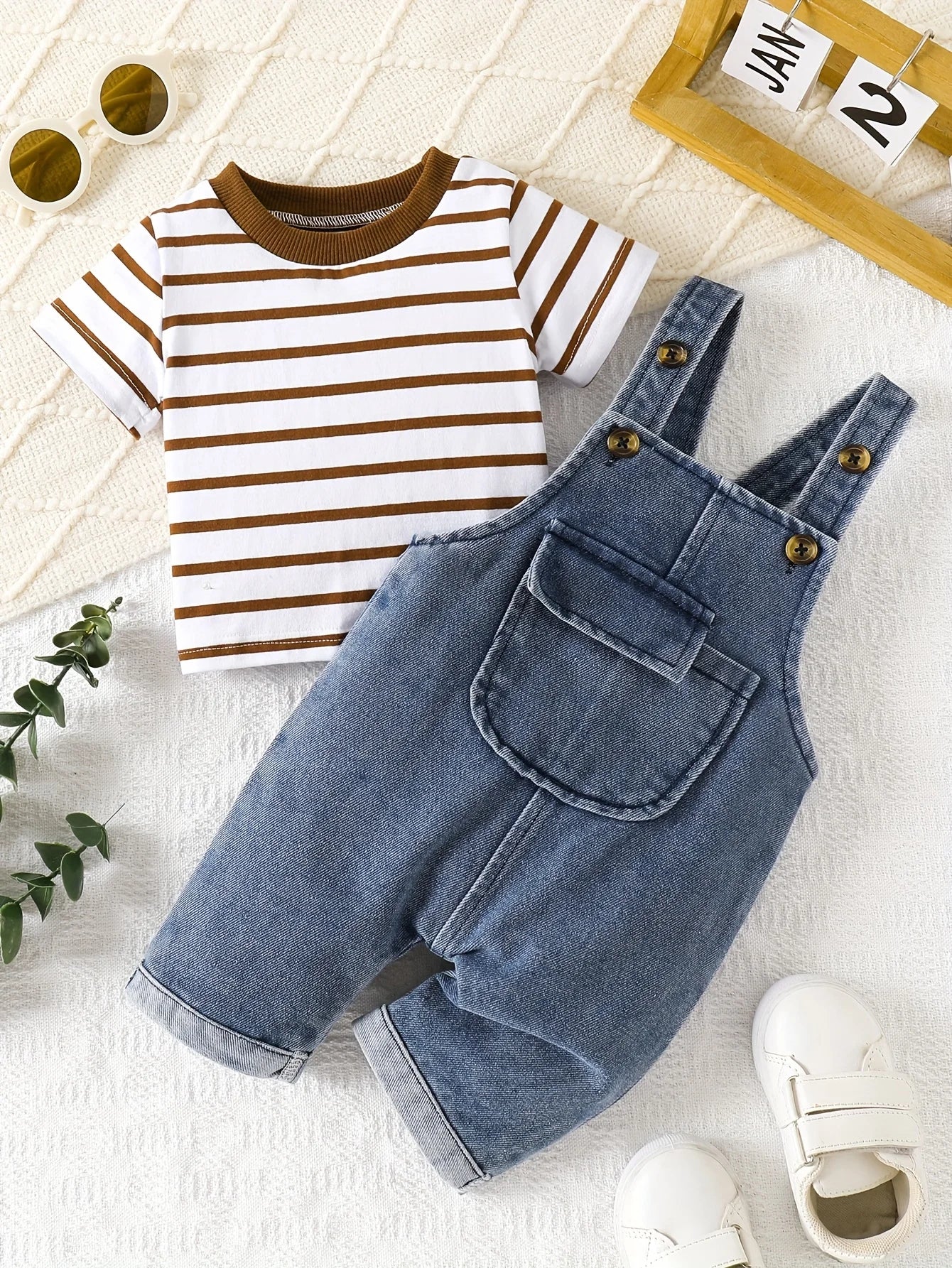 Baby Boys Denim Overalls Set – Striped T Shirt & Bib Pants