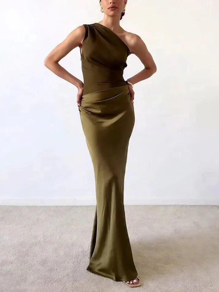 One Shoulder Pleated Maxi Dress
