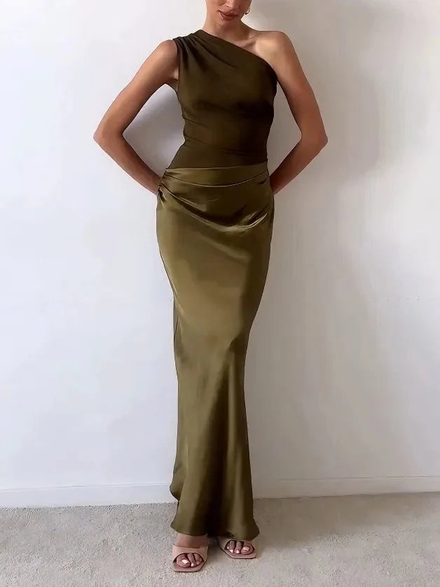 One Shoulder Pleated Maxi Dress