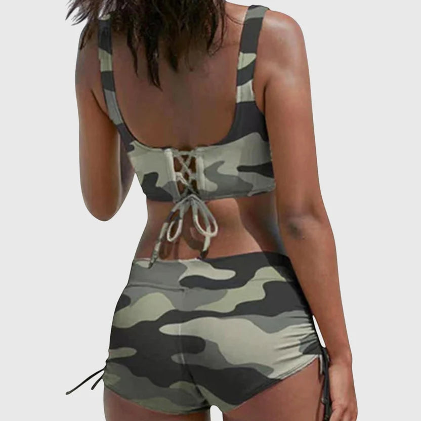 Camouflage Print Two Piece Bikini Set with Ruched Bottoms