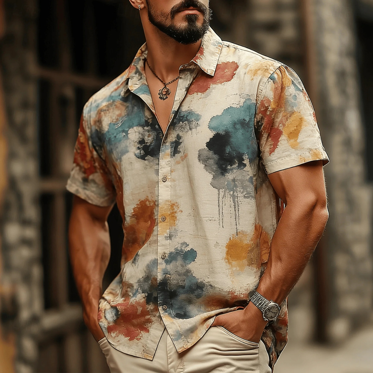 The Rockefeller Men's Retro Geometric Print Shirt