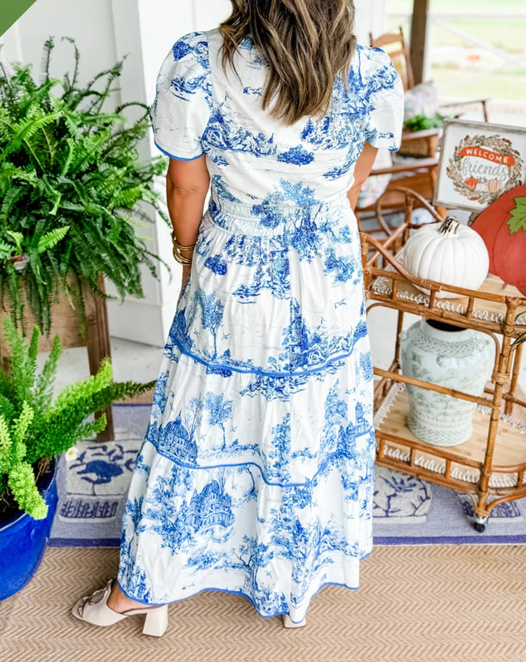 Elegant Smocked Waist Maxi Dress with Puff Sleeves