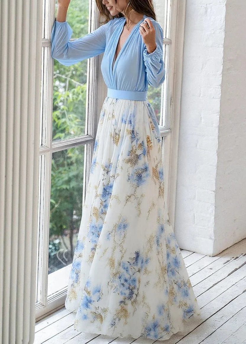 Deep V Neck Long-Sleeve Maxi Dress with Floral Print Skirt