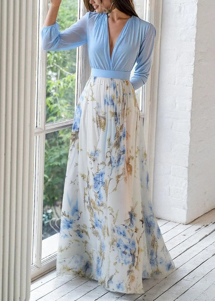 Deep V Neck Long-Sleeve Maxi Dress with Floral Print Skirt