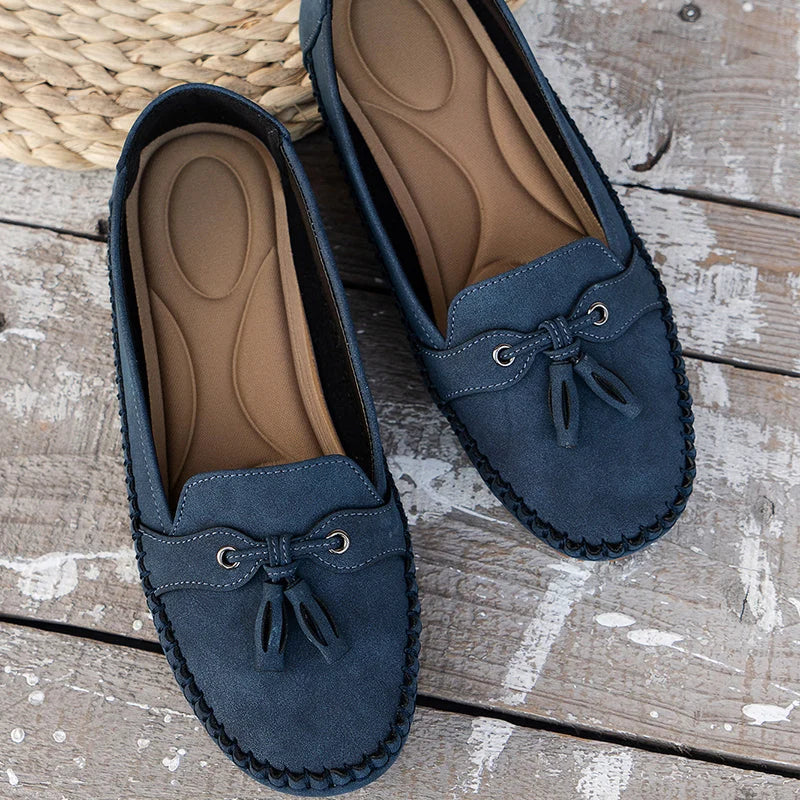 Blue Tassel Loafers with Stitching and Flat Sole