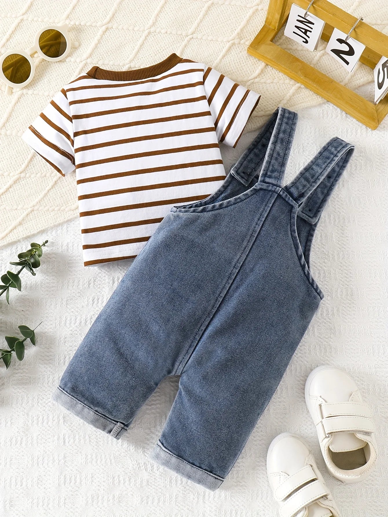 Baby Boys Denim Overalls Set – Striped T Shirt & Bib Pants