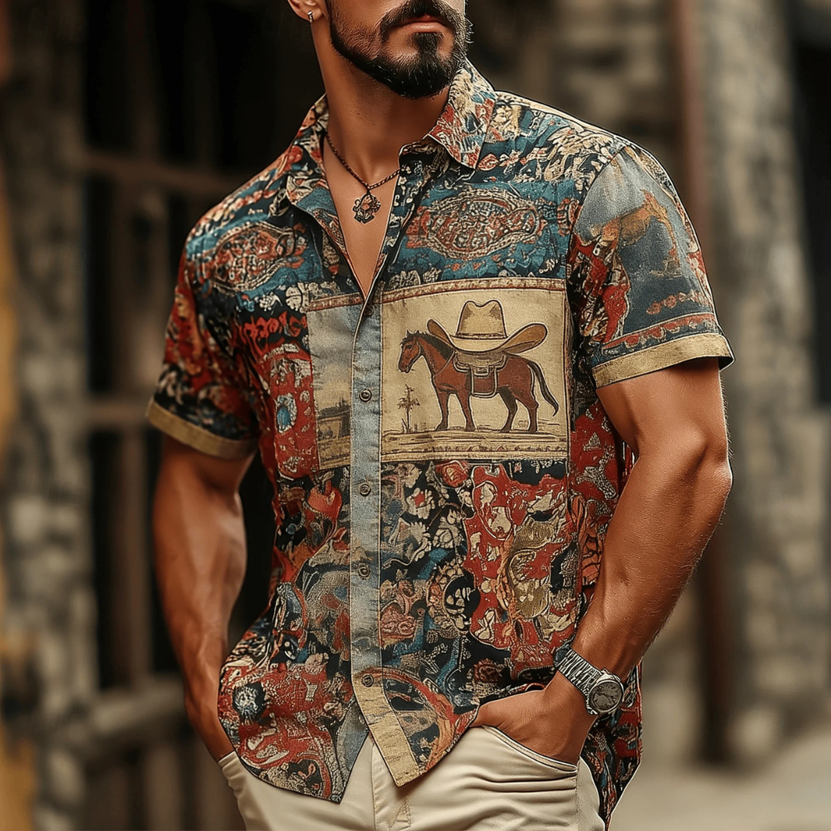 The Rockefeller Men's Retro Geometric Print Shirt