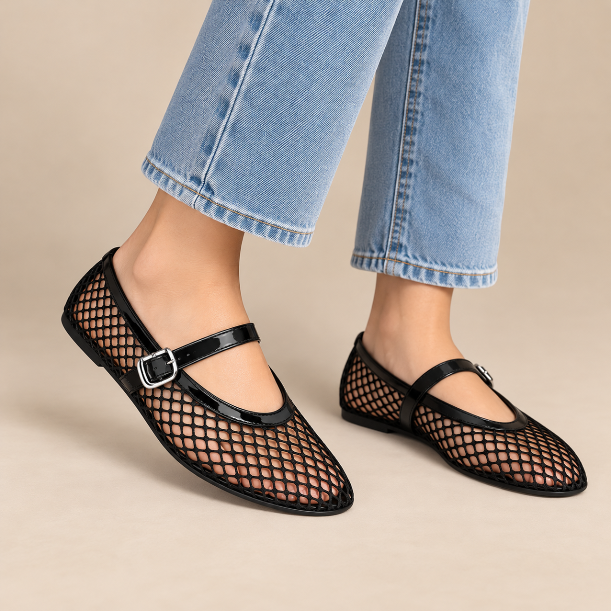Women's Mesh Ballet Flats with Buckle Strap