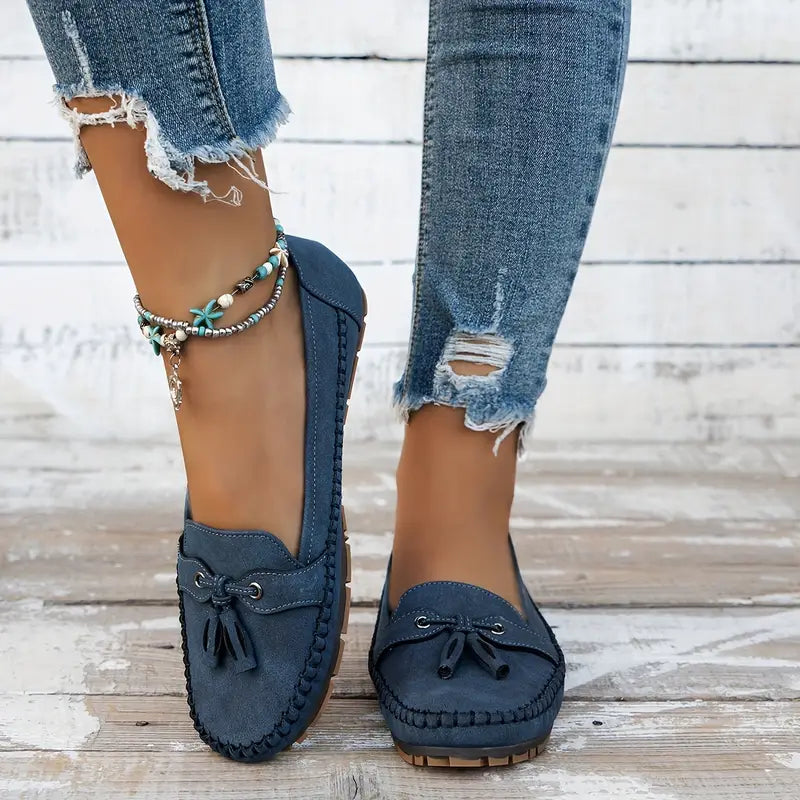 Blue Tassel Loafers with Stitching and Flat Sole