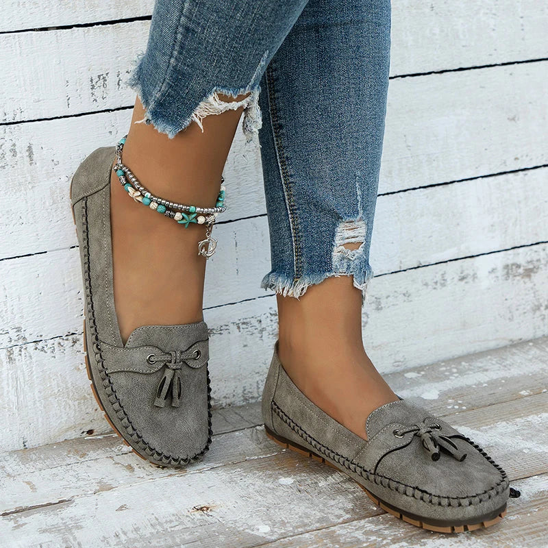 Blue Tassel Loafers with Stitching and Flat Sole