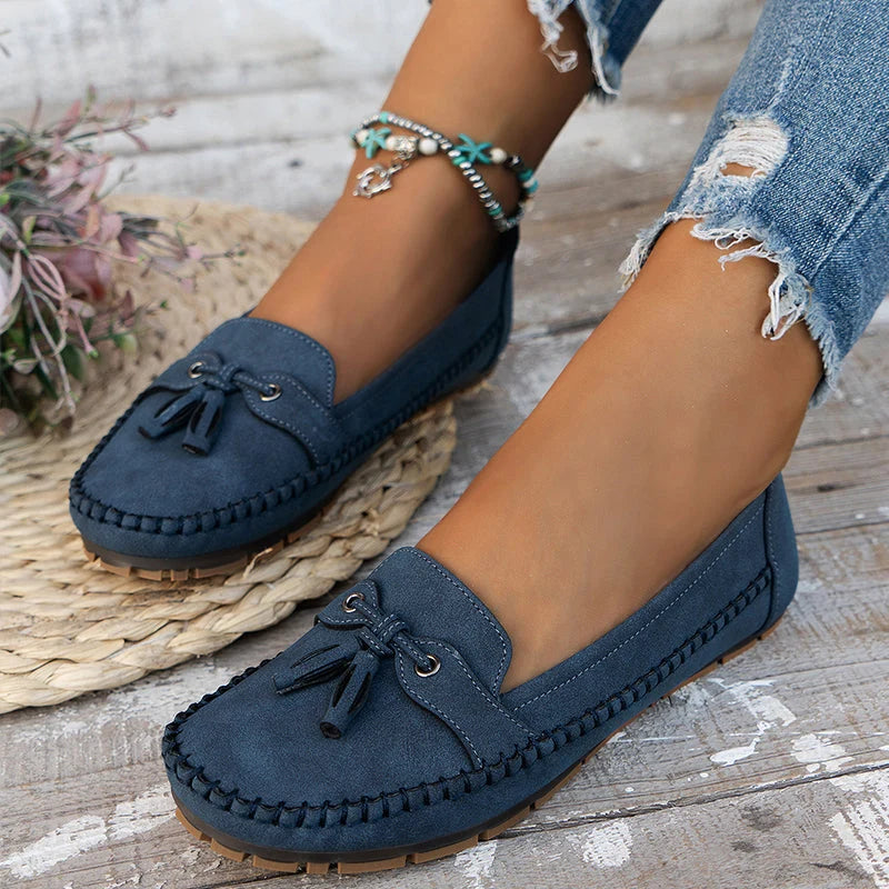 Blue Tassel Loafers with Stitching and Flat Sole