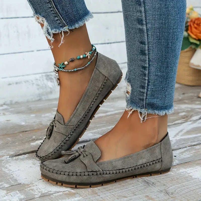 Blue Tassel Loafers with Stitching and Flat Sole