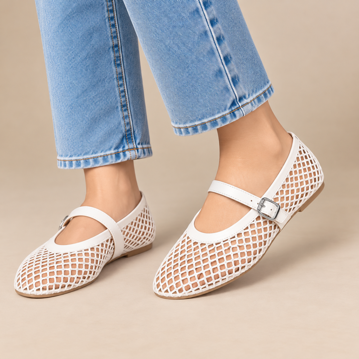 Women's Mesh Ballet Flats with Buckle Strap