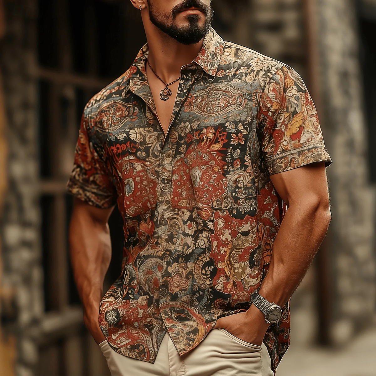The Rockefeller Men's Retro Geometric Print Shirt