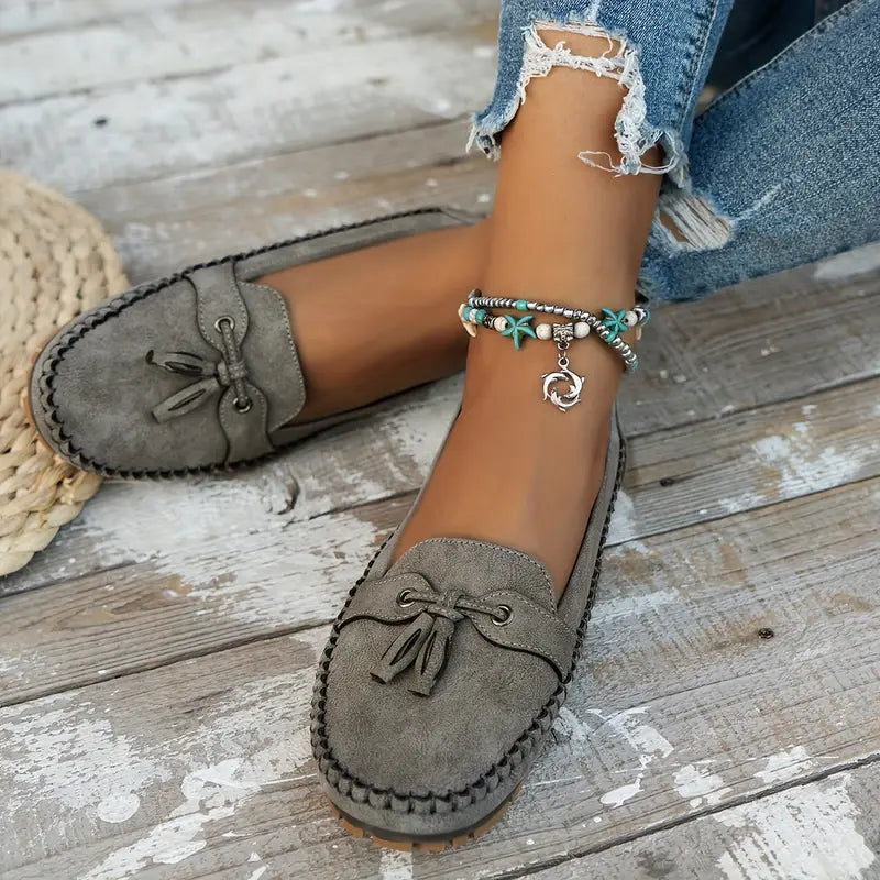 Blue Tassel Loafers with Stitching and Flat Sole