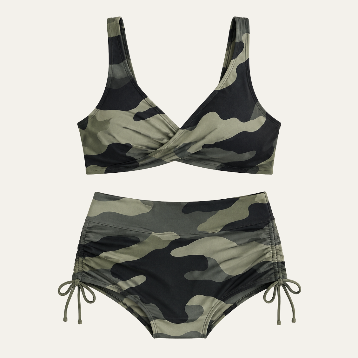 Camouflage Print Two Piece Bikini Set with Ruched Bottoms