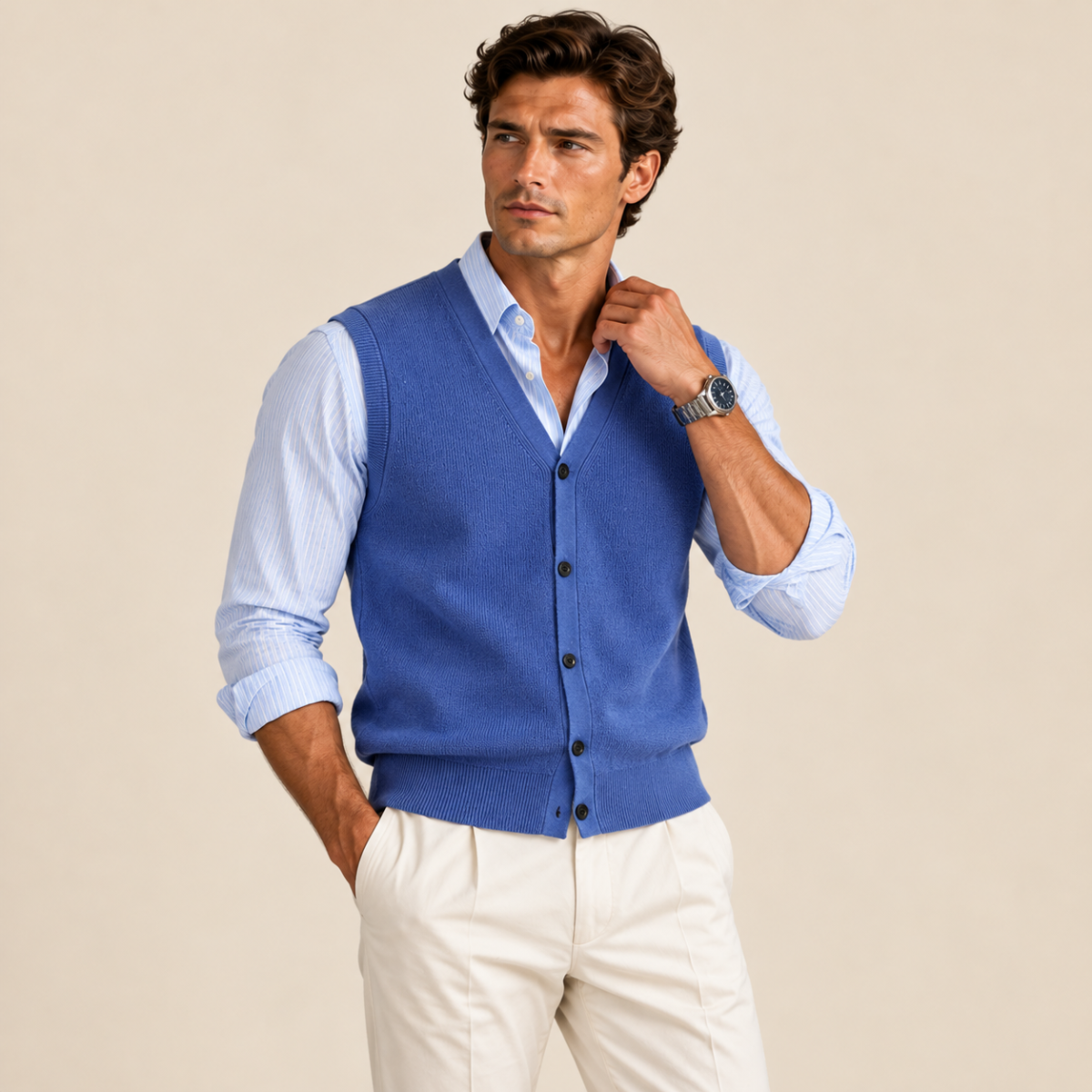 Men's Sweater Vest Blue Button Up V Neck