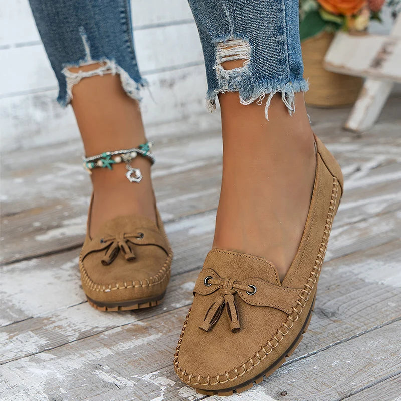 Blue Tassel Loafers with Stitching and Flat Sole