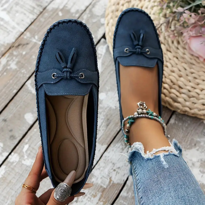 Blue Tassel Loafers with Stitching and Flat Sole