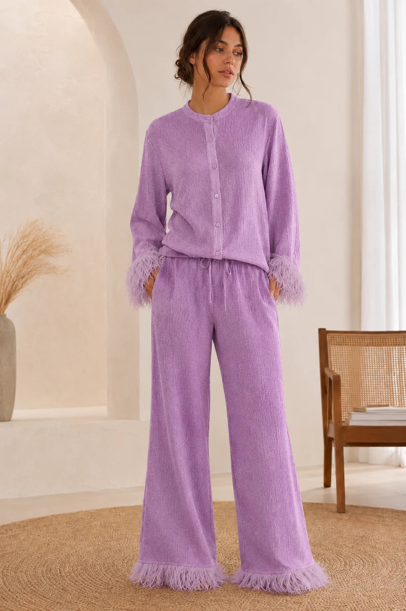 Women's Button Front Top and Wide eg Pants Set with Feather Trim Cuffs