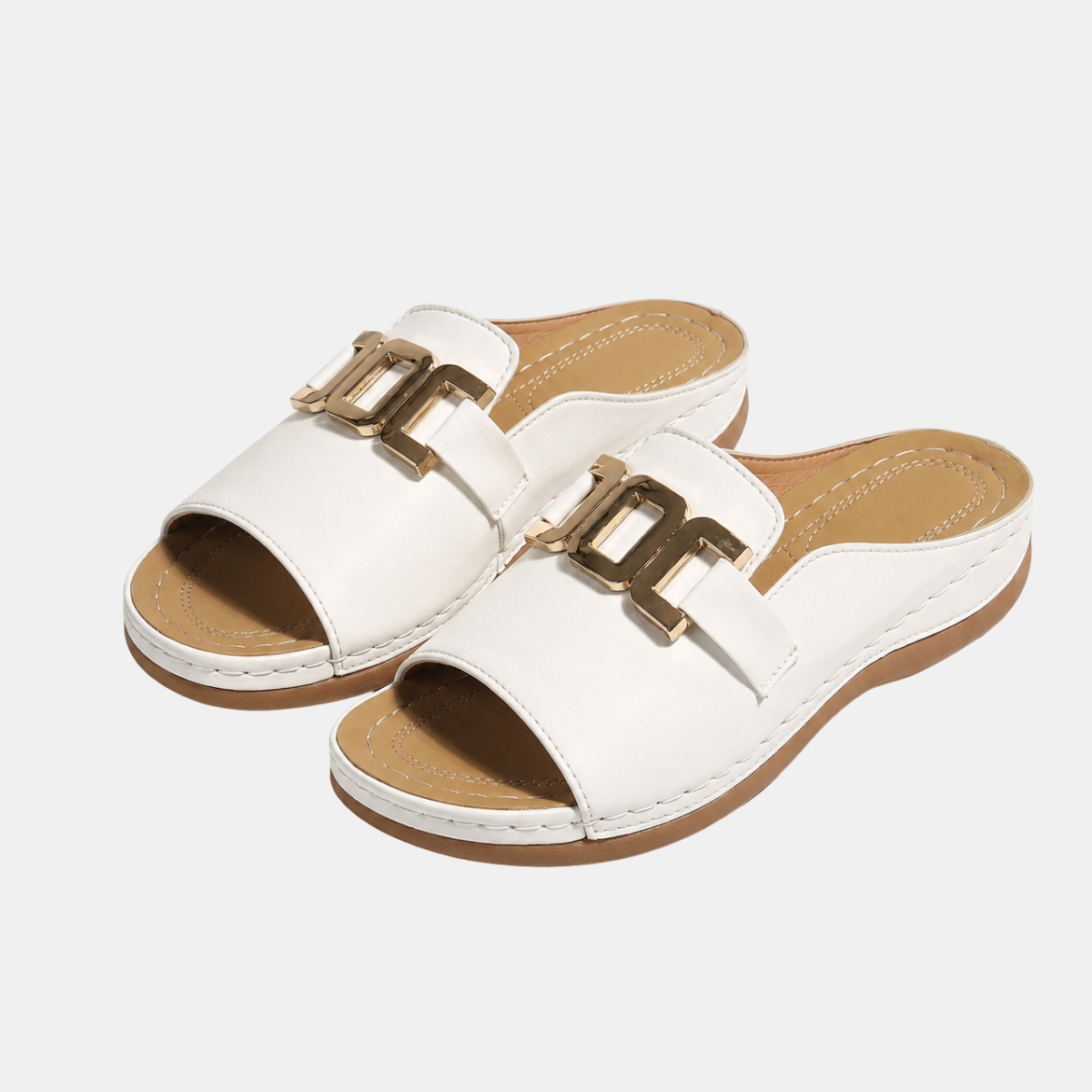 Comfort Wedge Slide Sandals with Metallic Buckle Detail