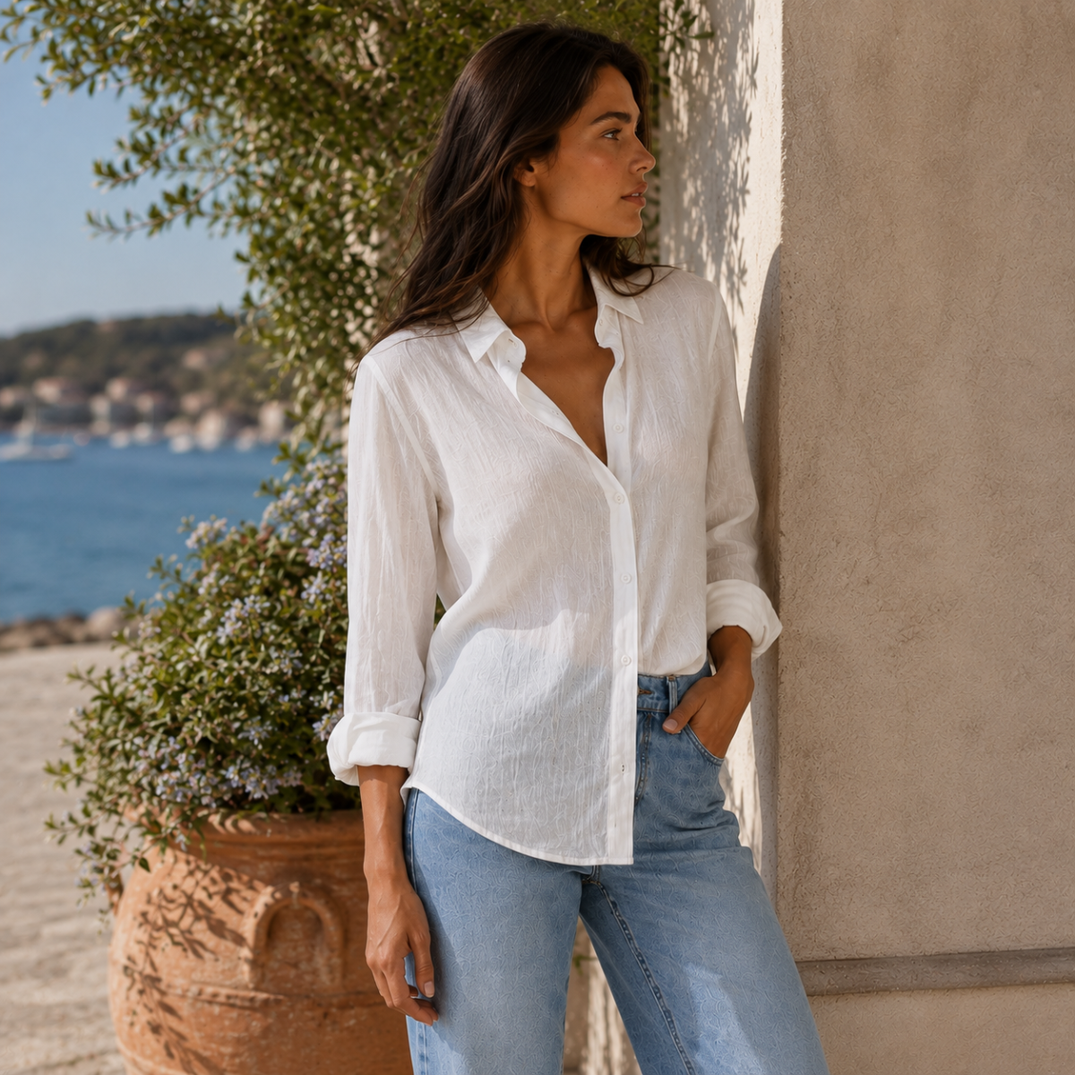 Summer Linen Blend Button Up Blouse