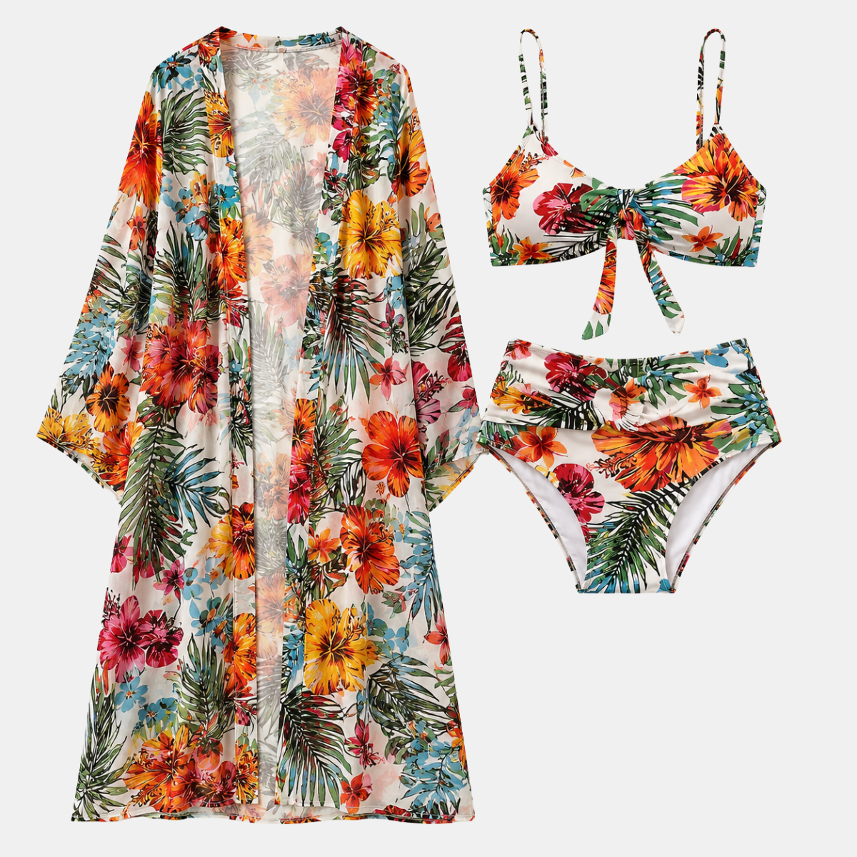 Tropical Floral High Waisted 3 Piece Bikini Set
