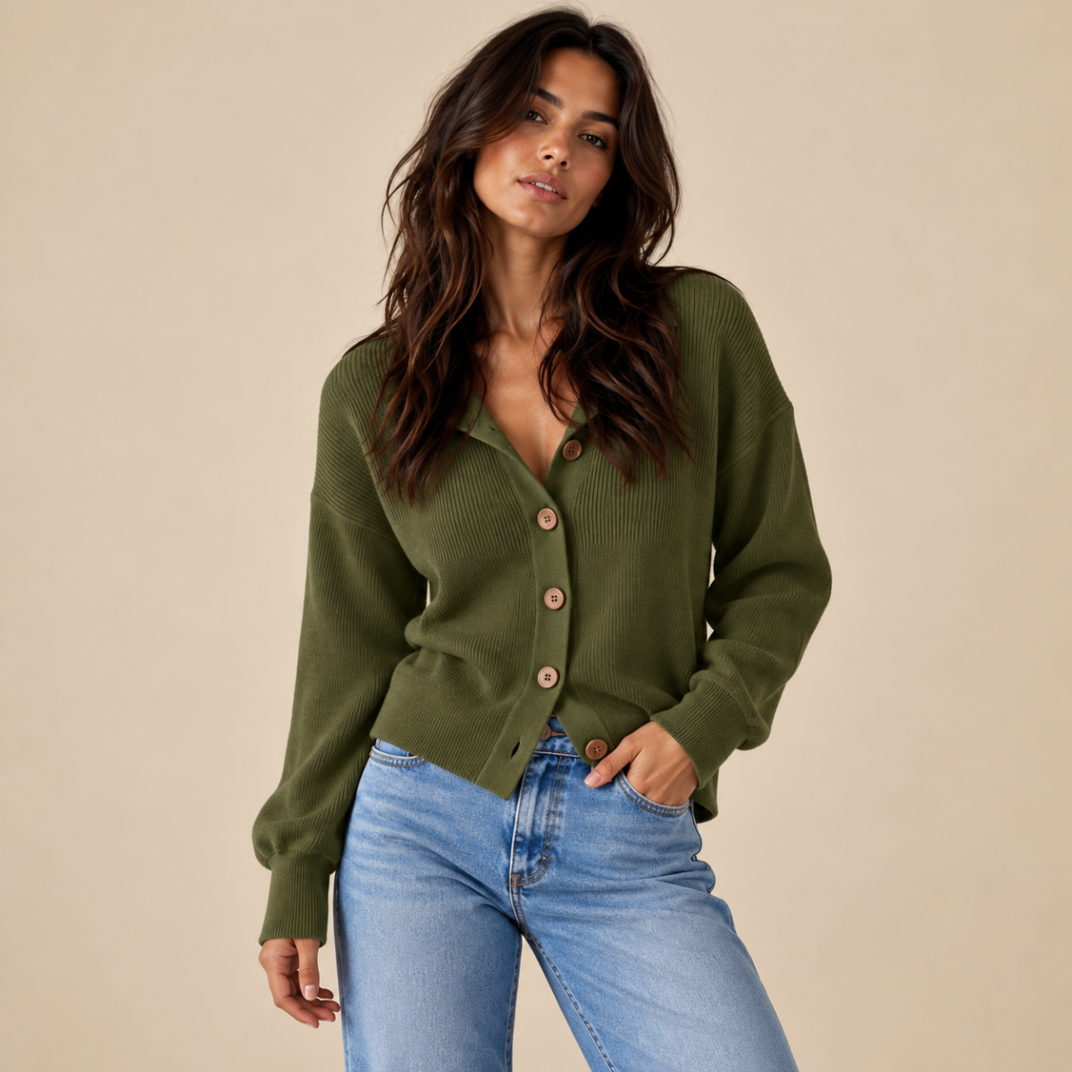 Women's V Neck Cardigan with Collared Neckline