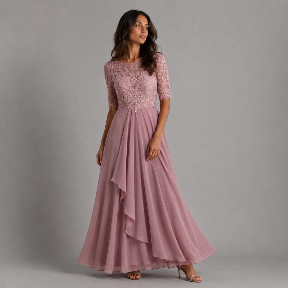 Midi Lace Dress with Sheer Elbow Sleeves