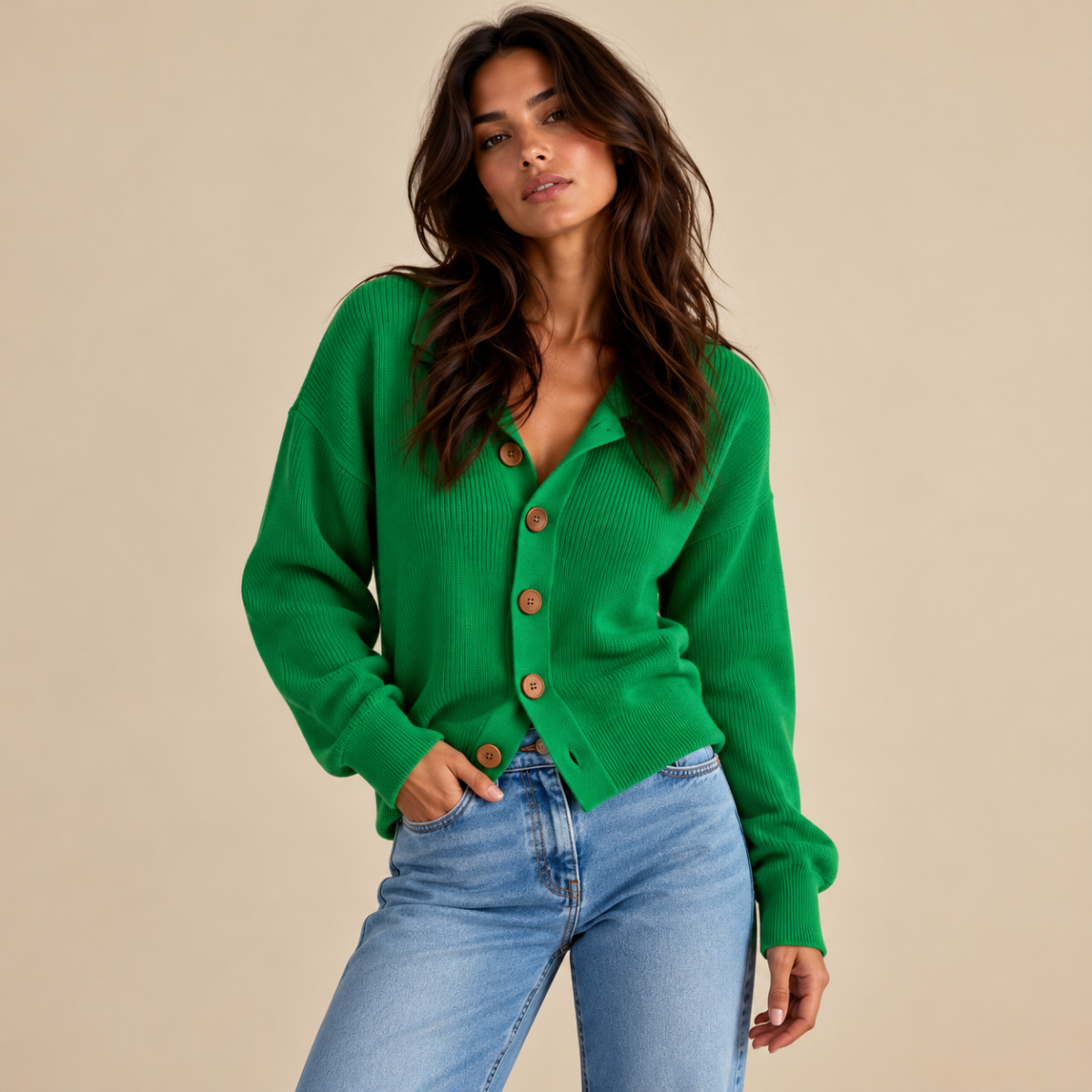 Women's V Neck Cardigan with Collared Neckline