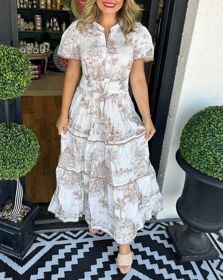 Elegant Smocked Waist Maxi Dress with Puff Sleeves