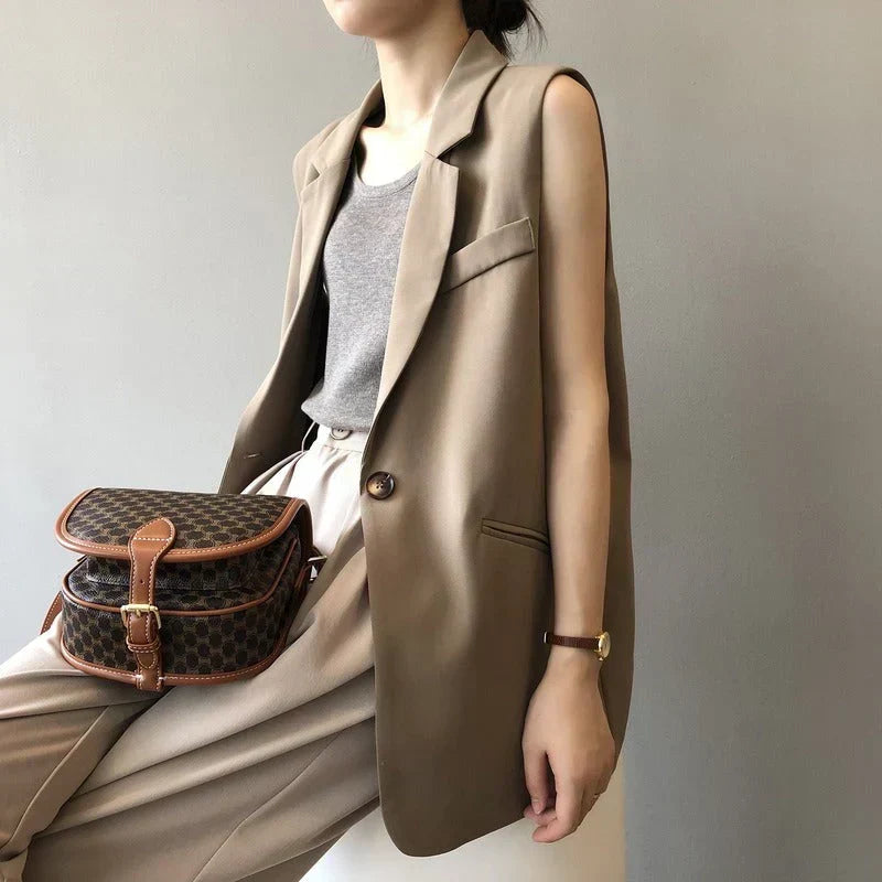 Women's Sleeveless Beige Blazer