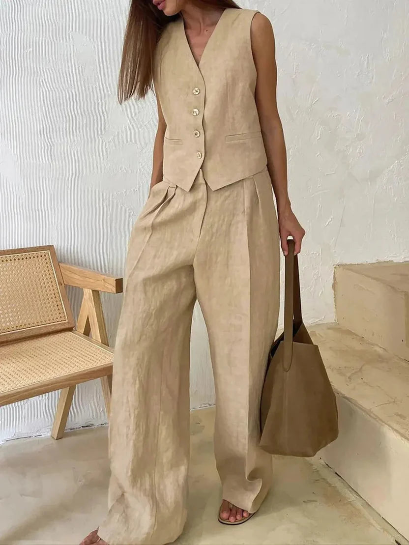 Orange Two Piece Vest and Wide Leg Pants Set