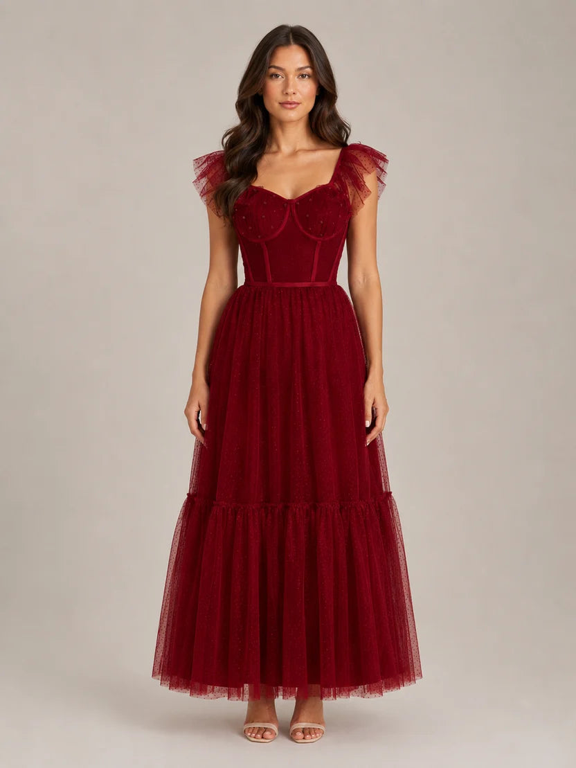Women's Corset Maxi Party Dress with Tulle Ruffle Sleeves