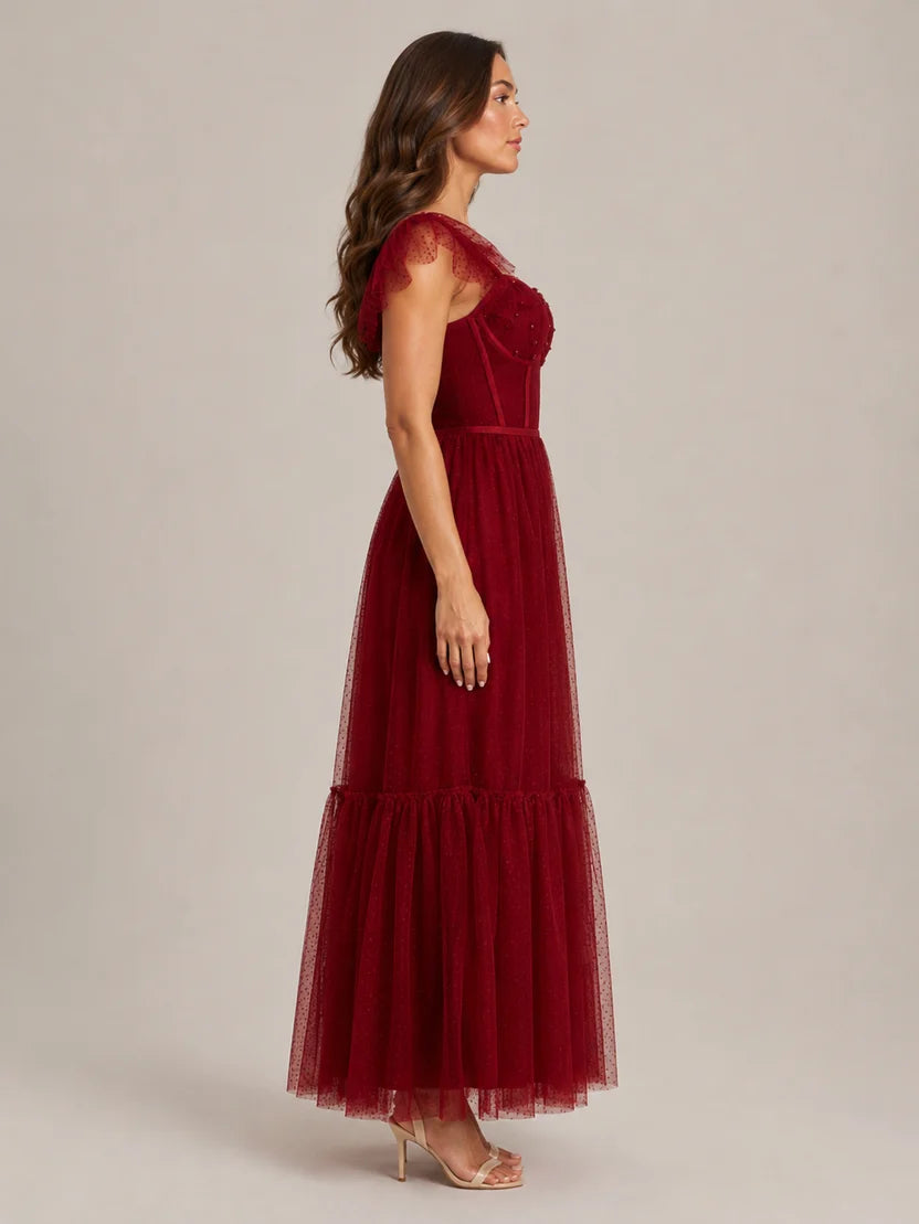 Women's Corset Maxi Party Dress with Tulle Ruffle Sleeves
