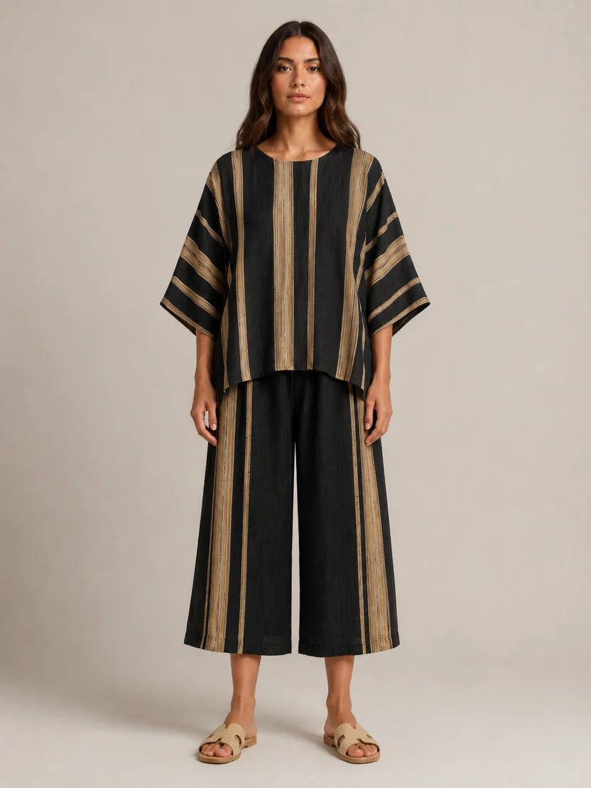 Women's Striped Asymmetrical Top and Wide Leg Culottes Set