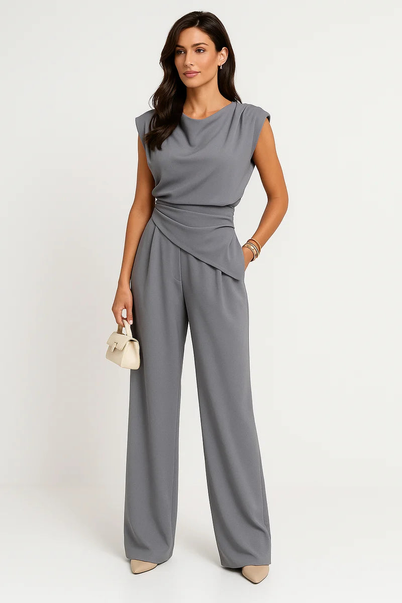 Women's Draped Sleeveless Top and High Waist Wide Leg Pants Set